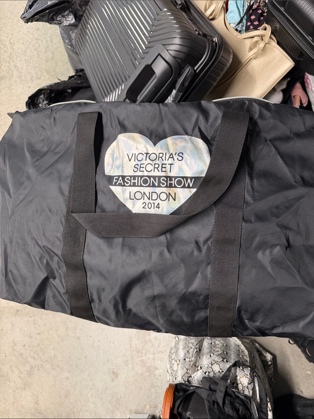 Victoria's Secret Black Duffel Bag with Holographic Heart Logo